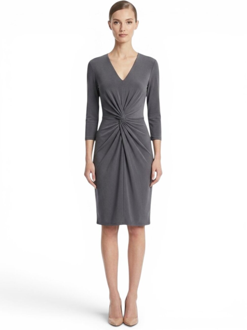 Ralph Lauren Dark Gray Stretch Jersey Twist Knot Draped V Neck Dress 12